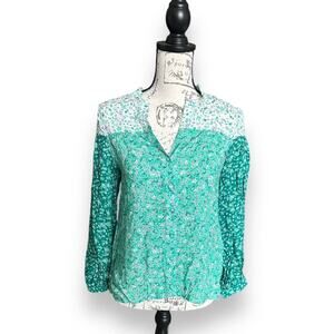New Zara Women's Green White Floral Print Button Down V-Neck Long Sleeve Top XS